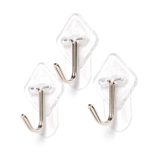 Alt view image 3 of 5 - (2 pack) Hyper Tough Removable Hinged Adhesive Hooks, Clear Plastic, 3 Count, 1 lb Capacity