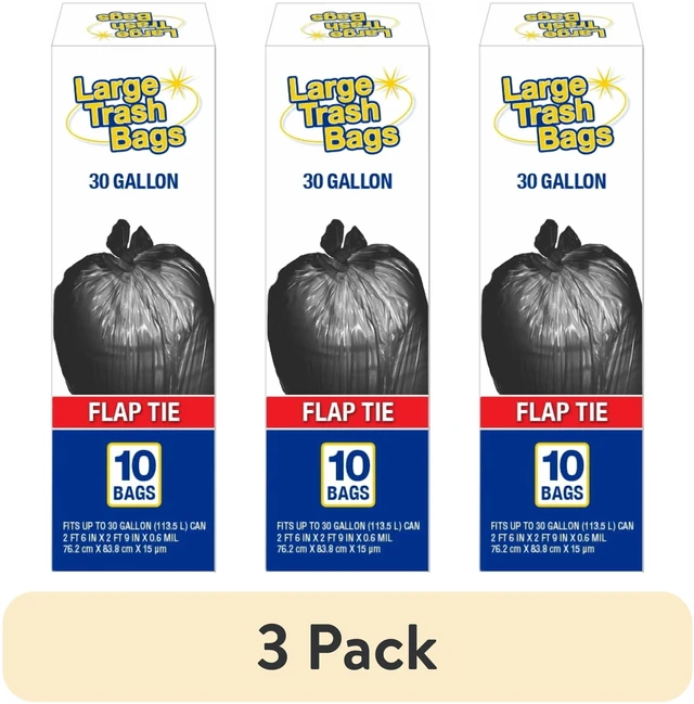 Main image of (3 pack) Basic Large Trash Bags, 30 Gallon, Flap Tie, 10 Bags