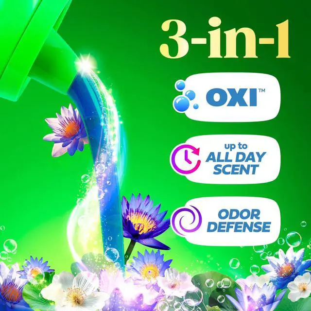 Alt view image 4 of 7 - Gain Waterfall Delight Scent Liquid Laundry Detergent,60 fl oz,45 Loads,OxiPowered 3in1 Stain & Odor Defense,LongLasting FloralWater Freshness for All Washing Machines