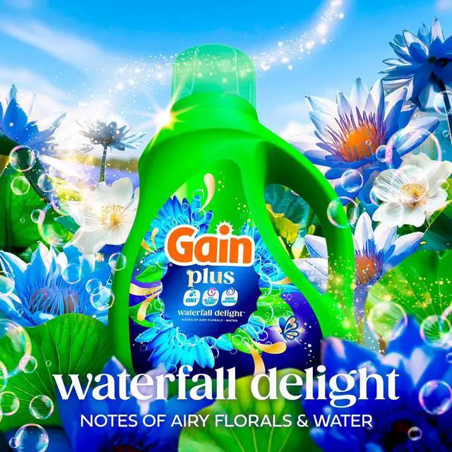 Main image of Gain Waterfall Delight Scent Liquid Laundry Detergent,60 fl oz,45 Loads,OxiPowered 3in1 Stain & Odor Defense,LongLasting FloralWater Freshness for All Washing Machines