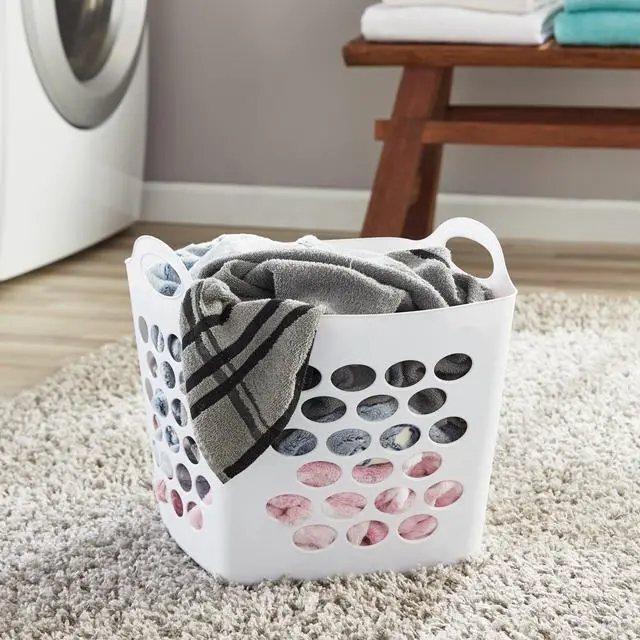 Main image of Mainstays Flexible Square Plastic Laundry Basket,0.7 Bushel Clothes Hamper With 2 Reinforced Sturdy Handles,Vented MoldResistant Storage Bin for Bedroom,Closet,Laundry Room & Bathroom,15.3"x14.9"x14.