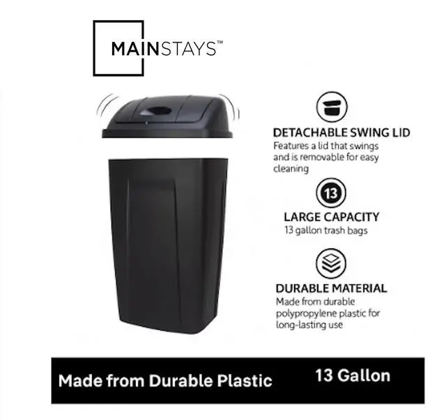 Alt view image 8 of 11 - Kitchen Trash Can, 13 Gallon Plastic Garbage Bin with Swing Top Lid, Black