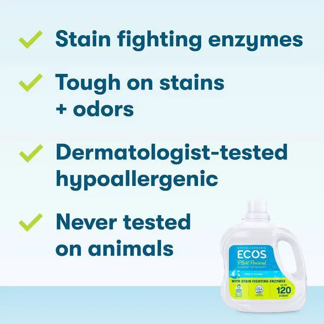 Alt view image 5 of 7 - ECOS Plus Free & Clear FragranceFree Laundry Detergent,Hypoallergenic PlantPowered Enzyme Stain Remover,Builtin Fabric Softener,HE Compatible,Safe for Sensitive Skin,Colors & Whites