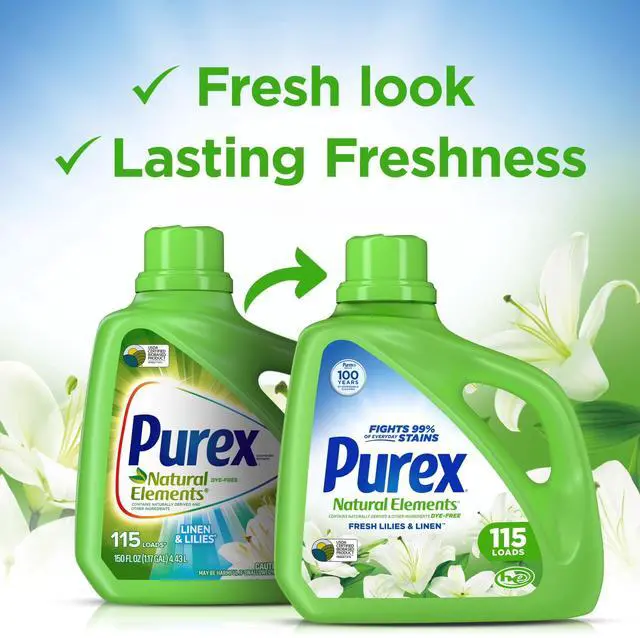 Alt view image 2 of 7 - Purex Natural Elements Fresh Lilies & Linen Liquid Laundry Detergent,150 fl oz115 Loads,DyeFree PlantBased Stain Remover,Gentle on Skin,HESafe for All Fabrics
