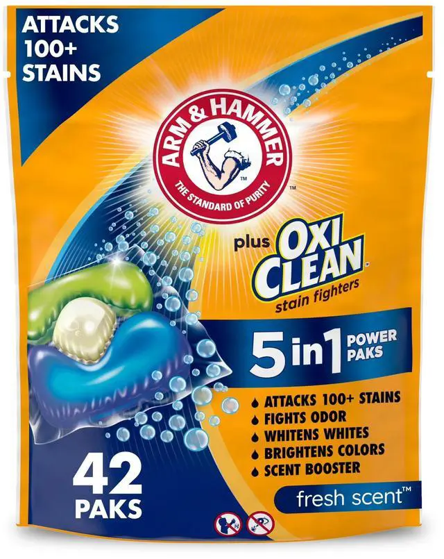 Main image of ARM & HAMMER Plus OxiClean 5in1 Laundry Detergent Power Paks,42Count Fresh Scent Concentrated Pods,100+ Stain & Odor Remover,Whitens & Brightens,HE & Standard WasherSafe