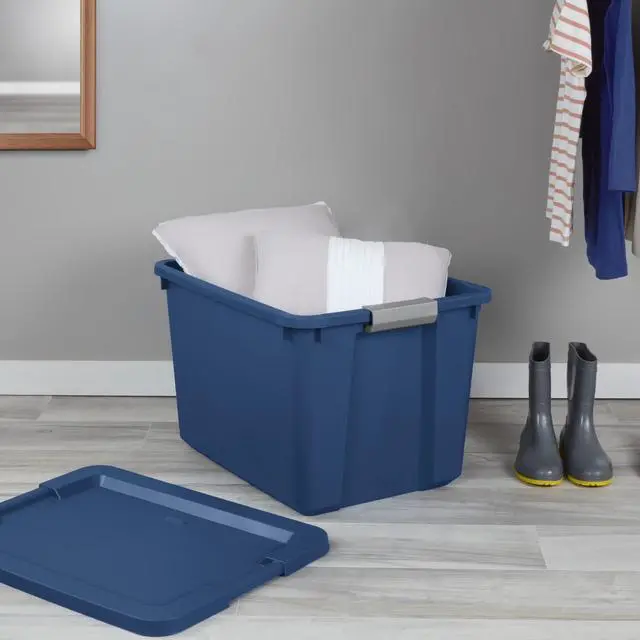 Alt view image 4 of 7 - Sterilite 20 Gallon Blue Plastic LatchTote Storage Bin,Stackable Organizer Box With Secure Latching Lid,ComfortGrip Handles,BPAFree,For Garage,Seasonal & Sports Gear