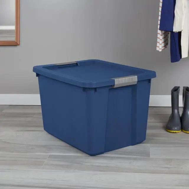 Alt view image 6 of 7 - Sterilite 20 Gallon Blue Plastic LatchTote Storage Bin,Stackable Organizer Box With Secure Latching Lid,ComfortGrip Handles,BPAFree,For Garage,Seasonal & Sports Gear