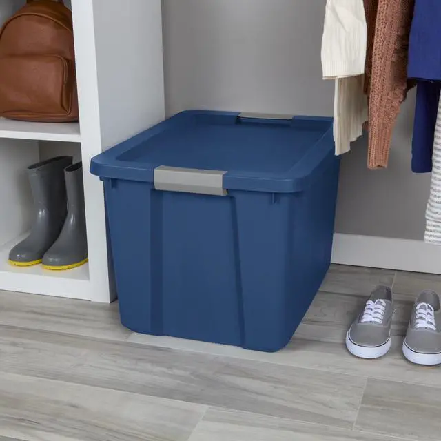 Alt view image 5 of 7 - Sterilite 20 Gallon Blue Plastic LatchTote Storage Bin,Stackable Organizer Box With Secure Latching Lid,ComfortGrip Handles,BPAFree,For Garage,Seasonal & Sports Gear