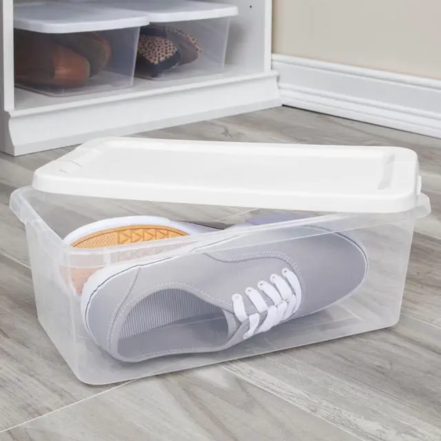 Alt view image 5 of 7 - Sterilite 10Pack 6 Quart Clear Plastic Storage Boxes With White SnapOn Lids,Stackable Organizer Bins,Clear Base For Quick View,BPAFree,Shoe,Craft & Closet Shelf Storage