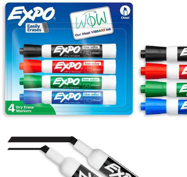 Main image of EXPO DryErase Markers,4Count Assorted Colors,Chisel Tip,LowOdor Vibrant Ink,Writes On Whiteboard,Glass & Acrylic,EasyErase For Classroom,Office & Home