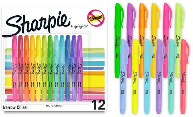 Main image of Sharpie Pocket Highlighters, 12Count Assorted Colors, Chisel Tip, QuickDrying SmearResistant Ink, Slim ClipOn Design, For School, Office & NoteTaking