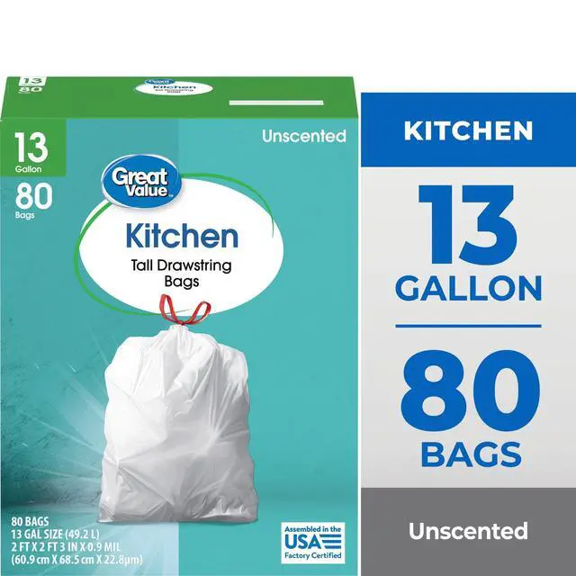 Alt view image 6 of 6 - Great Value 13 Gallon Tall Kitchen Trash Bags,80Count White Unscented Garbage Bags,Drawstring Closure,PunctureResistant Plastic,For Household Daily Waste Disposal