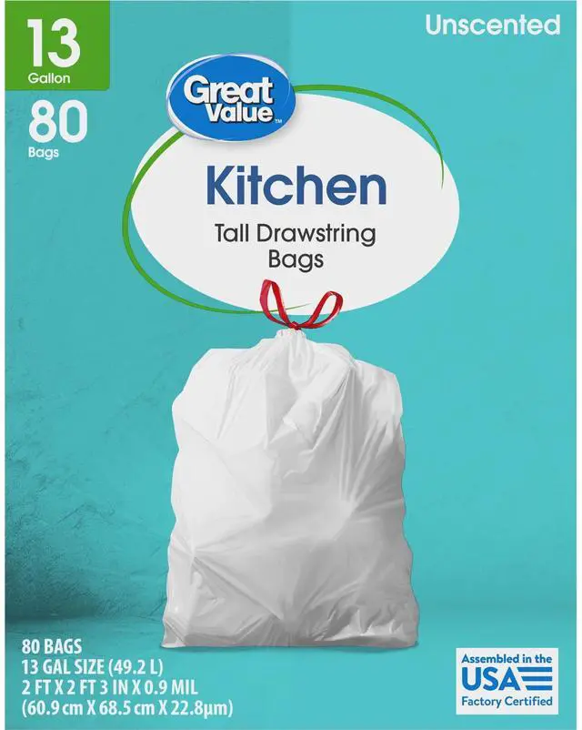 Main image of Great Value 13 Gallon Tall Kitchen Trash Bags,80Count White Unscented Garbage Bags,Drawstring Closure,PunctureResistant Plastic,For Household Daily Waste Disposal