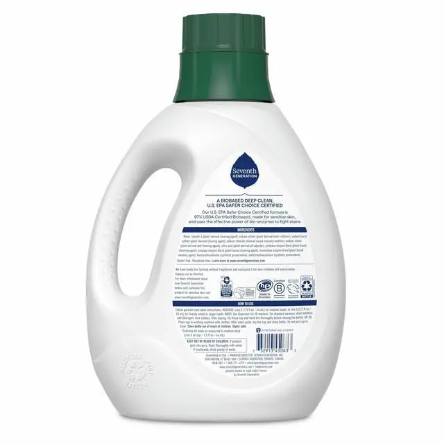 Alt view image 7 of 7 - Seventh Generation Free & Clear Liquid Laundry Detergent,90 oz,60 Loads,FragranceFree Hypoallergenic,PlantBased,HE & Standard Washer Safe,For Sensitive Skin