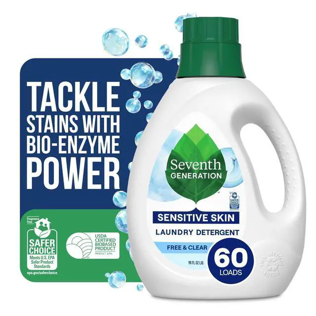 Alt view image 5 of 7 - Seventh Generation Free & Clear Liquid Laundry Detergent,90 oz,60 Loads,FragranceFree Hypoallergenic,PlantBased,HE & Standard Washer Safe,For Sensitive Skin