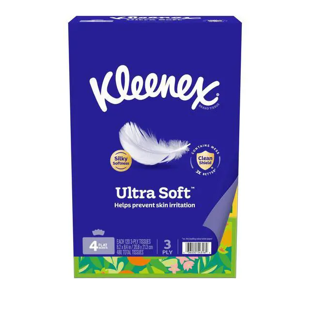 Alt view image 2 of 7 - Kleenex Ultra Soft 3Ply Facial Tissues,4 Flat Boxes,120 Tissues Per Box (480 Total),Hypoallergenic AllergistApproved,CleanShield Technology,For Allergy & Daily HomeUse