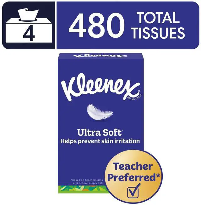 Main image of Kleenex Ultra Soft 3Ply Facial Tissues,4 Flat Boxes,120 Tissues Per Box (480 Total),Hypoallergenic AllergistApproved,CleanShield Technology,For Allergy & Daily HomeUse