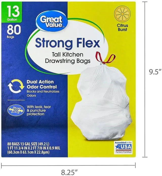 Main image of Great Value StrongFlex 13 Gallon Tall Kitchen Trash Bags,80Count White,Citrus Burst Scent,DualAction Odor Control,Drawstring Closure,Tear & PunctureResistant