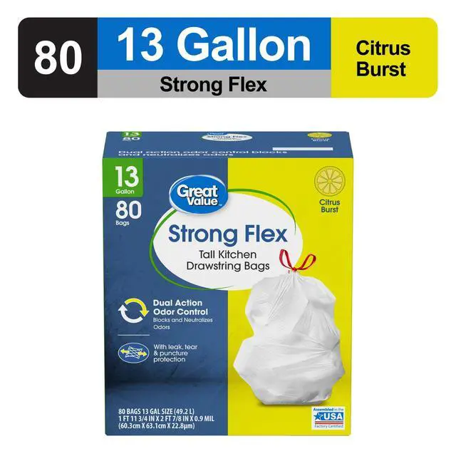 Alt view image 6 of 7 - Great Value StrongFlex 13 Gallon Tall Kitchen Trash Bags,80Count White,Citrus Burst Scent,DualAction Odor Control,Drawstring Closure,Tear & PunctureResistant