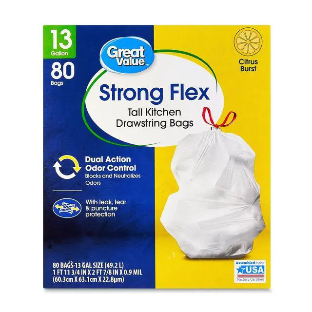 Alt view image 2 of 7 - Great Value StrongFlex 13 Gallon Tall Kitchen Trash Bags,80Count White,Citrus Burst Scent,DualAction Odor Control,Drawstring Closure,Tear & PunctureResistant