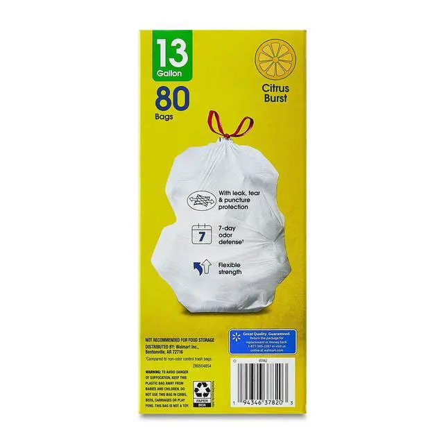 Alt view image 5 of 7 - Great Value StrongFlex 13 Gallon Tall Kitchen Trash Bags,80Count White,Citrus Burst Scent,DualAction Odor Control,Drawstring Closure,Tear & PunctureResistant