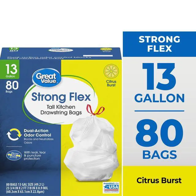 Alt view image 3 of 7 - Great Value StrongFlex 13 Gallon Tall Kitchen Trash Bags,80Count White,Citrus Burst Scent,DualAction Odor Control,Drawstring Closure,Tear & PunctureResistant