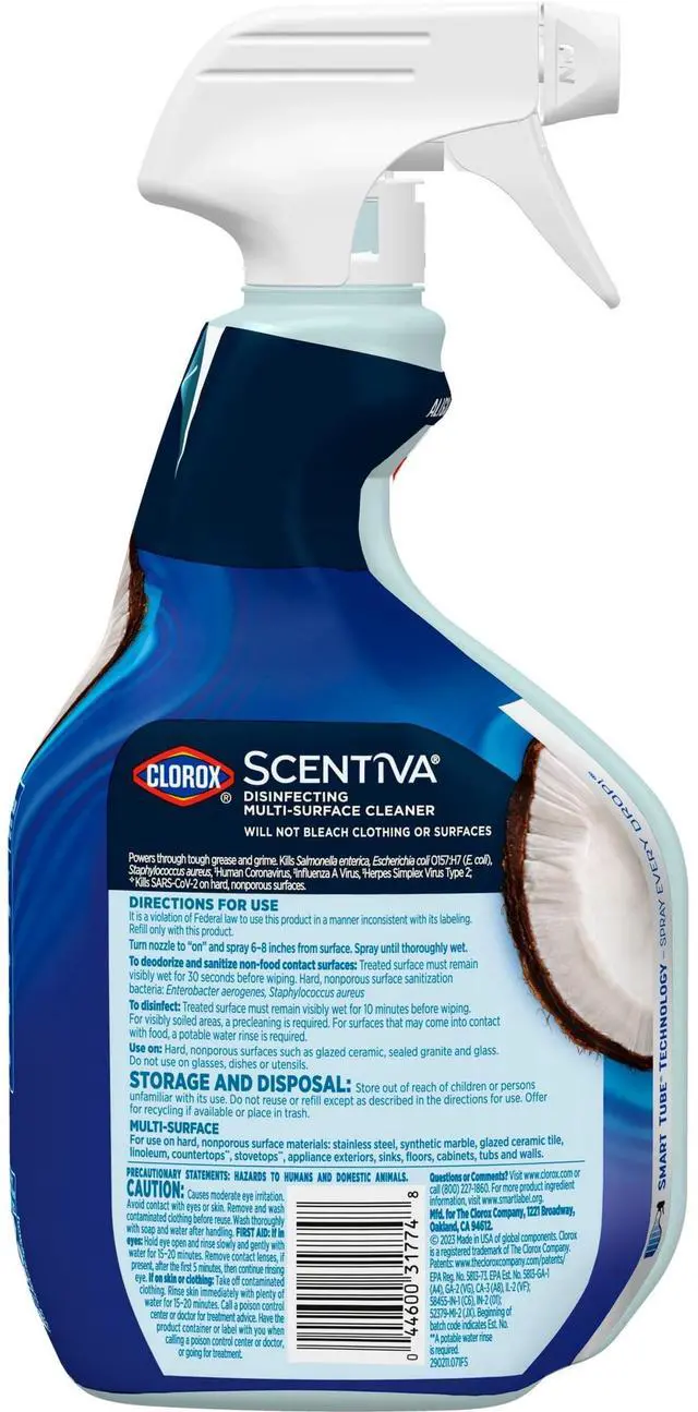 Alt view image 7 of 7 - Clorox Scentiva MultiSurface Disinfecting Spray,Coconut & Waterlily Scent,BleachFree,Kills 99.9% Germs Including COVID19,AllPurpose Household Cleaner For Kitchen & Bathroom