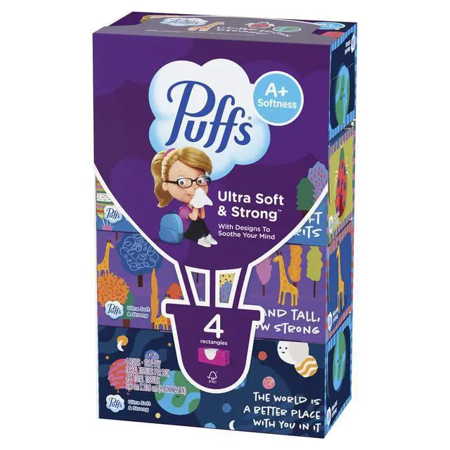 Alt view image 2 of 7 - Puffs UltraSoft Facial Tissues, 4 Rectangle Boxes,124 Tissues Per Box,LimitedEdition BacktoSchool Print,NonLotion,DermatologistTested,StrongerWhenWet For Home & Office