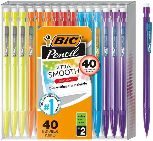 Main image of BIC XtraSmooth Bright Edition No.2 Mechanical Pencils With Erasers,40Count Pack,0.7mm Medium Point,SmudgeFree Lead,NoSharpen,For School & Standardized Tests