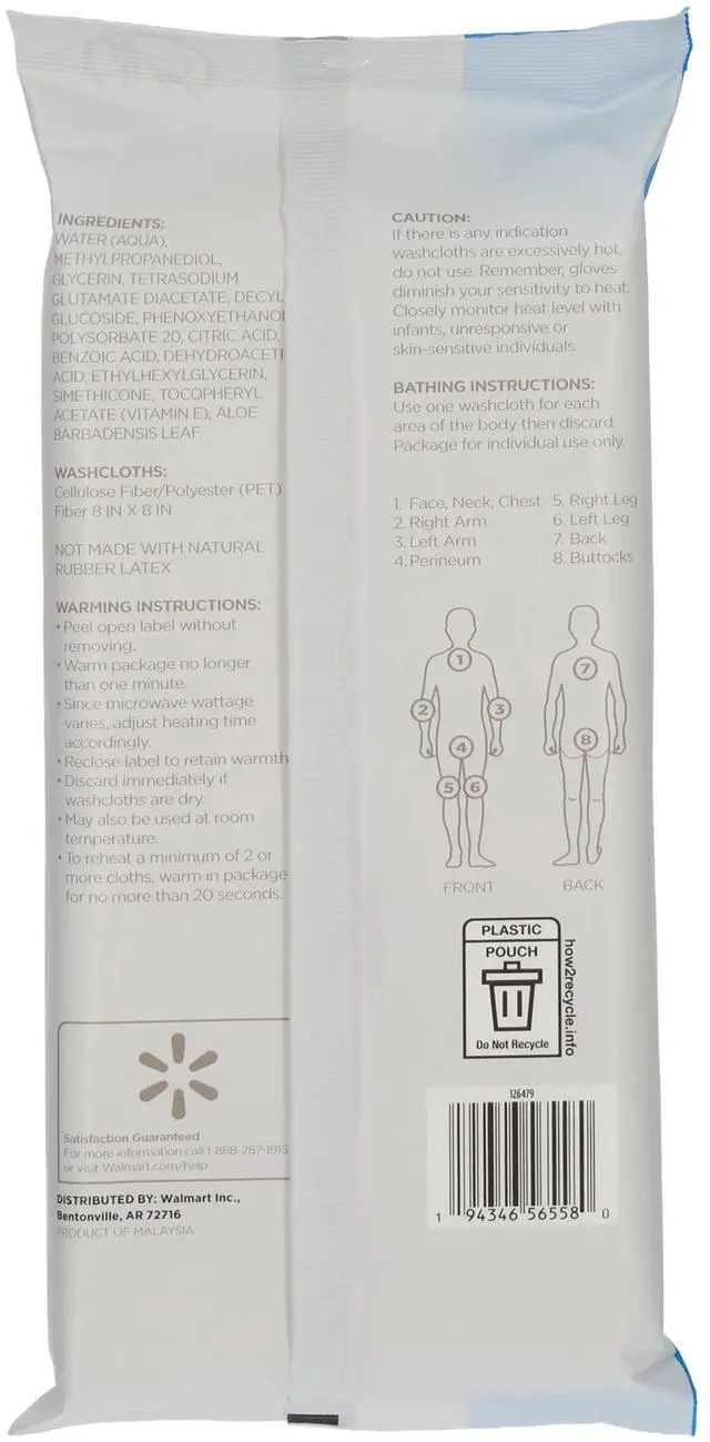 Alt view image 2 of 5 - Equate Disposable FullBody Bath Wipes, 8Pack 8"x8", PreMoistened, FragranceFree Hypoallergenic pHBalanced, Aloe & VitaminE Infused HeavyWeight NonWoven Cleansing Washcloths