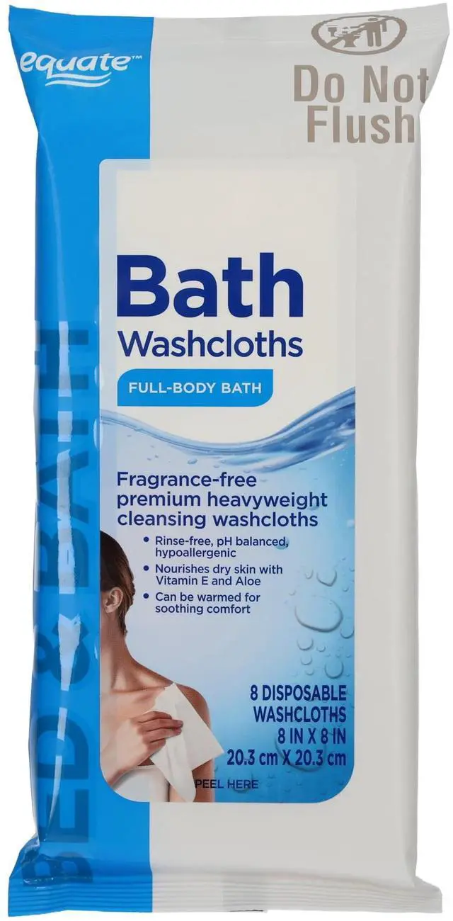 Alt view image 3 of 5 - Equate Disposable FullBody Bath Wipes, 8Pack 8"x8", PreMoistened, FragranceFree Hypoallergenic pHBalanced, Aloe & VitaminE Infused HeavyWeight NonWoven Cleansing Washcloths