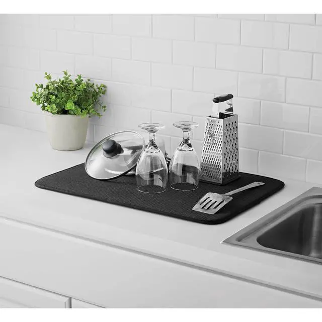 Alt view image 4 of 7 - Mainstays Reversible Dish Drying Mat, 18" x 24", Black, Absorbent Microfiber Foam Counter Pad With Breathable Mesh, NonSlip Kitchen Drying Pad for Dishes, Glasses & Utensils