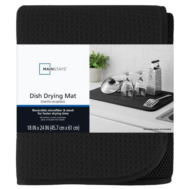 Alt view image 2 of 7 - Mainstays Reversible Dish Drying Mat, 18" x 24", Black, Absorbent Microfiber Foam Counter Pad With Breathable Mesh, NonSlip Kitchen Drying Pad for Dishes, Glasses & Utensils