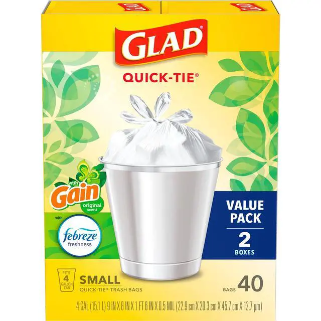 Alt view image 14 of 14 - Glad Quick-Tie 4-Gallon Small Trash Bags, Gain Original Scent, 20 Bags, 2 Pack