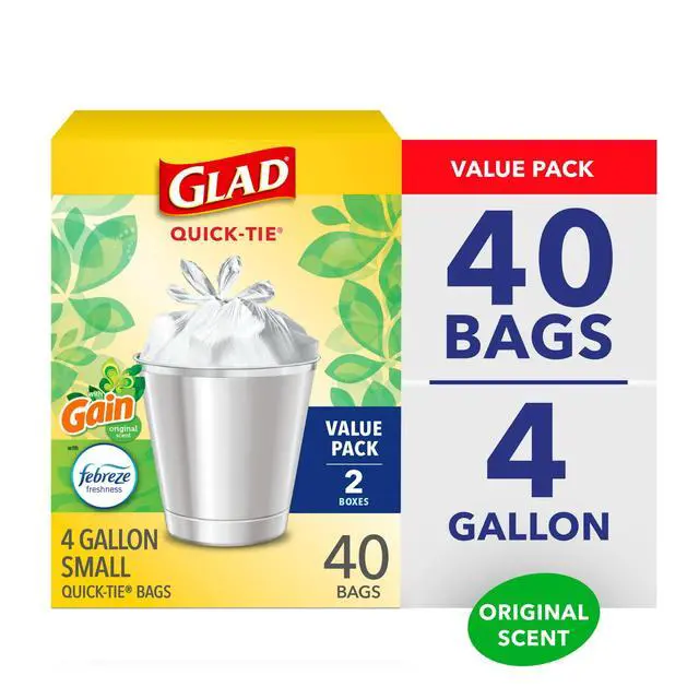 Alt view image 8 of 14 - Glad Quick-Tie 4-Gallon Small Trash Bags, Gain Original Scent, 20 Bags, 2 Pack