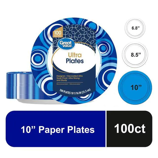 Alt view image 5 of 6 - Great Value Ultra Disposable Round Paper Plates,10Inch,100Count,SoakProof Coated Paperboard Plates,MicrowaveSafe For Meals,Parties,Picnics & Casual Gatherings