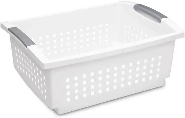 Main image of Sterilite Large Stacking Plastic Storage Basket, White, 171/8" x 127/8" x 71/4", FlipDown Rails SpaceSaving Open Organizer Bin For Pantry,Home Office & Dorm
