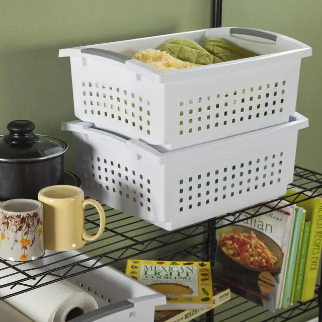 Alt view image 5 of 6 - Sterilite Large Stacking Plastic Storage Basket, White, 171/8" x 127/8" x 71/4", FlipDown Rails SpaceSaving Open Organizer Bin For Pantry,Home Office & Dorm