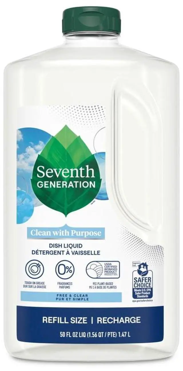 Main image of Seventh Generation Free & Clear Liquid Dish Soap Refill, 50 fl oz, FragranceFree PlantBased Degreaser, Hypoallergenic for Sensitive Skin, EPA Safer Choice Certified