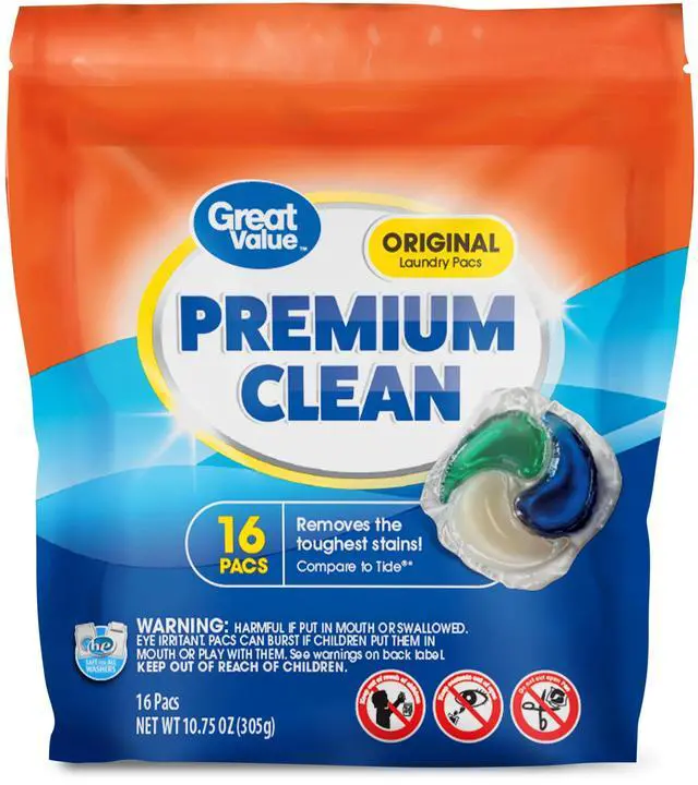 Main image of Great Value Premium Clean TripleChamber Laundry Detergent Power Pacs, Original Scent, 16Count, StainFighting, Whitening & ColorSafe Pods, Effective ColdWater Laundry Cleaner
