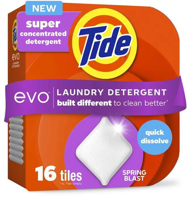 Main image of Tide Evo 6XConcentrated Laundry Detergent Tiles, Spring Blast Scent, 16Count, Superior Cleaning Over Laundry Sheets, InstantActivating, Recyclable PlasticFree Packaging