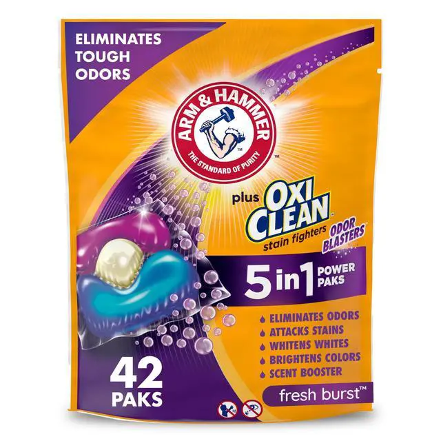 Main image of ARM & HAMMER Plus OxiClean Odor Blasters 5in1 Laundry Detergent Power Paks, Fresh Burst Scent, 42Count, HECompatible Stain & OdorFighting PreMeasured Pods