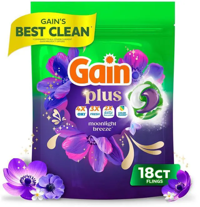Main image of Gain Plus Flings Laundry Detergent Liquid Washing Pacs, Gain's Best All-In-One Clean, Moonlight Breeze Scent, 18 Count