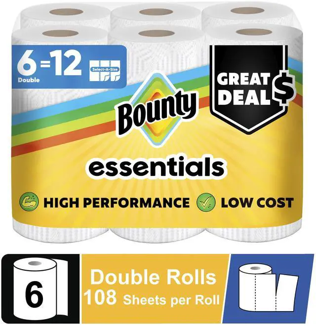 Main image of Bounty Essentials Paper Towels Select-A-Size 6 Double Rolls, White, 108 Sheets Per Roll