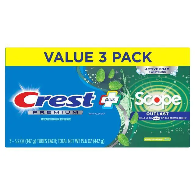 Alt view image 2 of 7 - Crest Toothpaste, Premium Plus Scope Outlast Fluoride Toothpaste, Mint, 5.2 oz, 3 pack