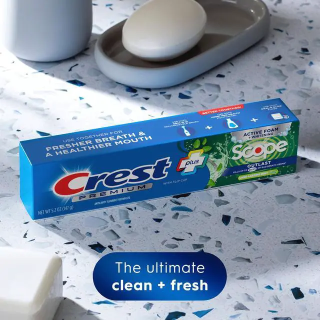 Alt view image 5 of 7 - Crest Toothpaste, Premium Plus Scope Outlast Fluoride Toothpaste, Mint, 5.2 oz, 3 pack