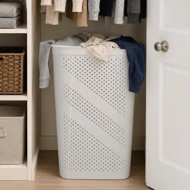 Alt view image 3 of 6 - Mainstays Plastic Rectangular Hinged-Lid Laundry Hamper, White, Adult