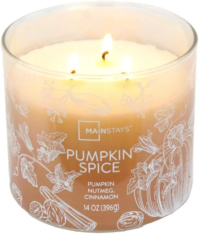 Main image of Mainstays Pumpkin Spice Scented Jar Candle, 3-Wick Ombre Wrapped, 14 oz