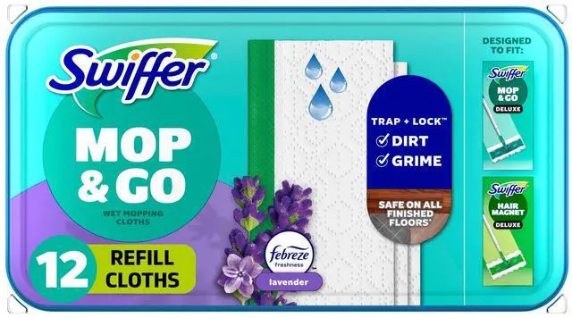 Main image of Swiffer Mop & Go, Wet Pads Refill, Floor Cleaner, Cleaning Cloths, Lavender, 12 Count