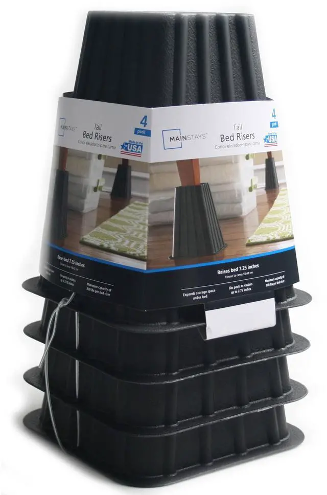 Main image of Mainstays Black Plastic Tall Bed Risers to Raise Your Bed for Storage, 4-Pack, 6.75 in x 6.75 in x 8 in
